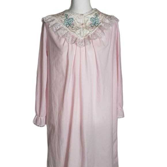 Vtg Pink Maxi Nightgown Size Small Puff Sleeve Lace Quilted Pearl Button Modest - Picture 4 of 13